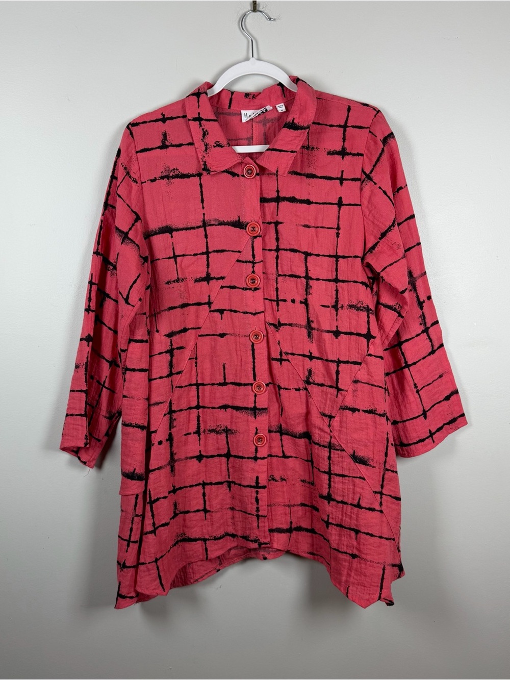Habitat Pink Crackle Button Down Top Tunic Blouse Lagenlook Art to Wear Medium